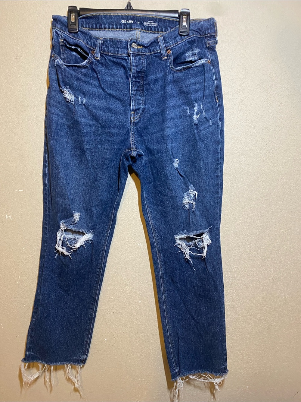 Old Navy Women's Dark Blue Distressed Straight-Leg Jeans